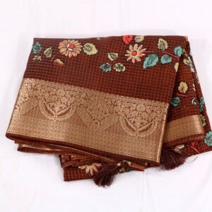 Semi Tussar Silk Saree with All-Over Zari Checks & Kalamkari Print Zari Woven Border