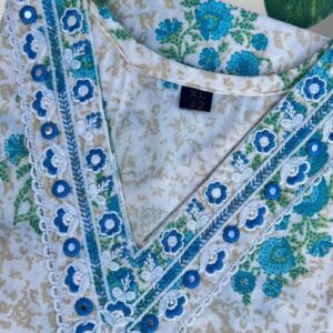 Sea Blue Flower Printed Cotton V-Neck Kurtis Serene Elegance & Comfort