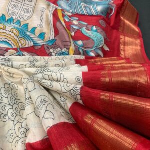 Masterpiece Dola Silk Saree in Red with Pen Kalamkari Motifs and Artistic Printed Pallu