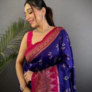 Luxurious Soft Silk Saree in Purple and Pink with Dubbal Temple Ikat Border and Royal Pallu