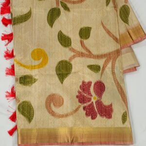 Luxurious Soft Silk Tissue Saree in Light Cream with Floral Prints and Opulent Pallu