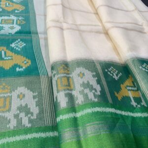 Exquisite Soft Tussar Silk Saree in White with Double Ikat Weaving on Pallu and Border