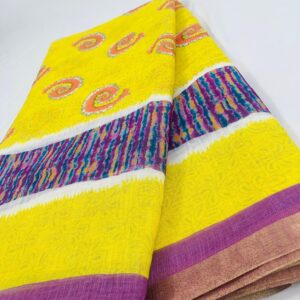 Elegant Linen by Cotton Saree in Lime Yellow with Kalamkari Pallu and Small Zari Border