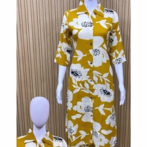 Elegant Dark Yellow Cotton Kurti with Floral Print and V-Collar Neck Timeless Indian Style