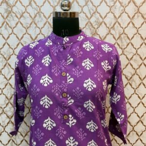 Violet Geometric Three Quarter Sleeve Rayon Kurtis with China Collar