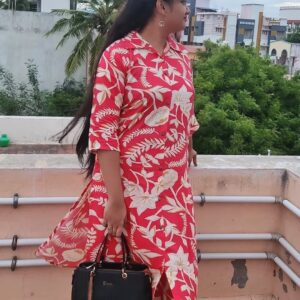Vibrant Red Cotton Kurti with Floral Print and V-Collar Neck Bold Indian Elegance