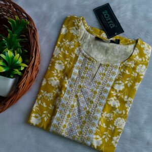 Yellow with White Flower Printed Silk Designer Neck Kurtis Vibrant Elegance & Luxurious Comfort