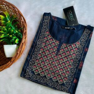 Navy Blue Flower Printed Silk Designer Neck Kurtis Elegant Sophistication & Luxurious Comfort