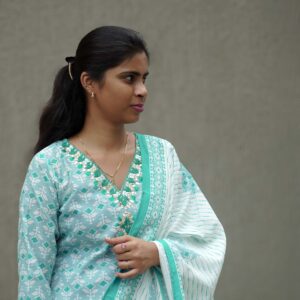 Blue Hand-Printed Mulmul Cotton Kurti with Three-Quarter Sleeves & V-Neck