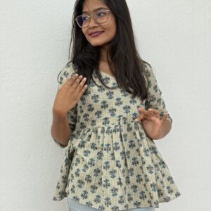 Chic Floral Jaipur Cotton Peplum Kurti with Three-Quarter Sleeves and V-Neck