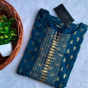 Blue Floral Silk Designer Neck Kurtis Serene Elegance & Luxurious Comfort