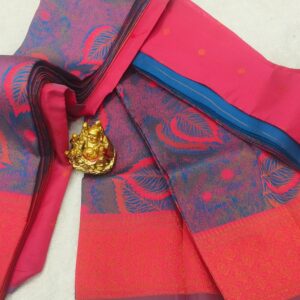 Peacock Blue Semi Silk Saree with Copper Zari Weaving and Contrast Butta Blouse