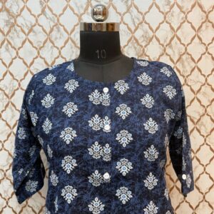Dark Blue Floral Block Three Quarter Sleeve Rayon Kurtis