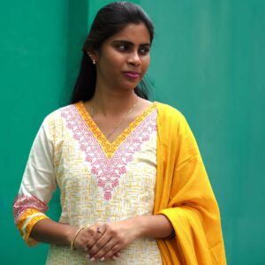 Soft White with Yellow Hand-Printed Mulmul Cotton Kurti with Three-Quarter Sleeves & V-Neck