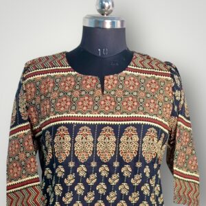 Navy Blue Floral Cotton V-Neck Kurtis Timeless Elegance & Effortless Comfort