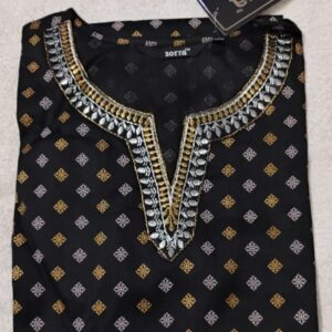 Black Floral Silk Designer Neck Kurtis with Silver and Golden Border Luxurious Elegance & Modern Charm