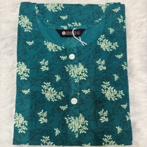 Blue Green Floral Three-Quarter Sleeve Rayon Kurti