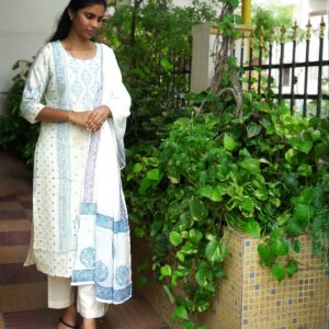 "Soft White with Sky Blue Hand-Printed Mulmul Cotton Kurti with Three-Quarter Sleeves & U-Neck "