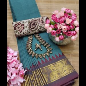 Elegant Pure Chettinad Cotton Saree with Kalamkari Blouse