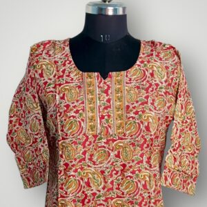 Red Floral Cotton V-Neck Kurtis Vibrant Elegance & Effortless Comfort