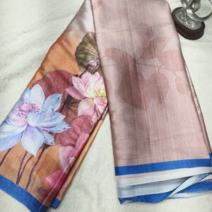 Digital Softy Floral Saree with Stone Work Border and Contrast Plain Blouse