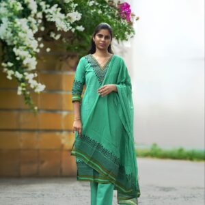 Soft White with Sky Blue Hand Printed Mulmul Cotton Kurti with Three Quarter Sleeves & U-Neck