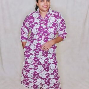 Elegant Purple Cotton Kurti with Floral Print and V-Collar Neck – Timeless Indian Charm