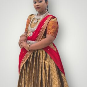 Luxurious Gold and Red Tissue Fabric Lehenga with Customisable Length