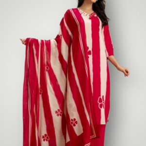 Floral Cotton Kurti Dupatta Set with Three Fourth Sleeves & V Neck