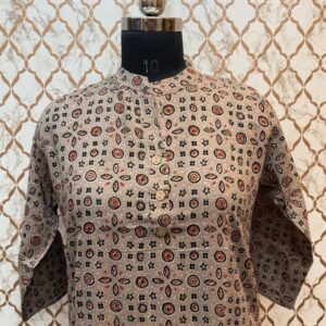Light Brown Floral Three Quarter Sleeve Rayon Kurtis with China Collar