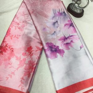 Digital Softy Floral Saree with Stone Work Border and Contrast Plain Blouse