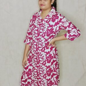 Vibrant Magenta Pink Cotton Kurti with Floral Print and V-Collar Neck Bold Indian Elegance