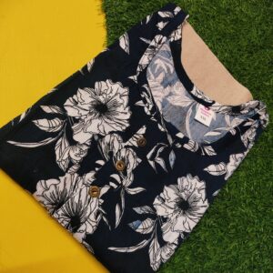 Title: Elegant Black Floral Silk Popcorn Kurti with Three-Quarter Sleeves and Round Neck