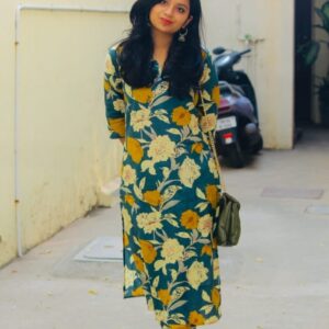 Stylish Floral Jaipur Cotton V-Neck Kurta with Three-Quarter Sleeves