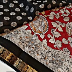 Elegant Kalamkari Mangalagiri Silk Saree with Uniform Design and Contrast Kanchi Borders