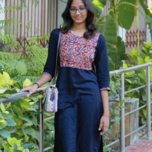 Elegant Blue Jaipur Cotton Floral Kurta with Three-Quarter Sleeves and Round Neck
