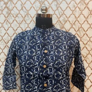 Dark Blue Floral Three-Quarter Sleeve Rayon Kurtis with China Collar