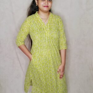 Chic Light Green Cotton Kurti with Camouflage Print and V-Neck Modern Indian Fashion