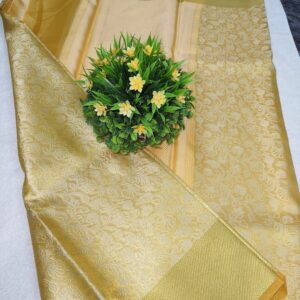 Celebrity Inspired Golden Yellow Tissue Silk Saree with Contrast Blouse