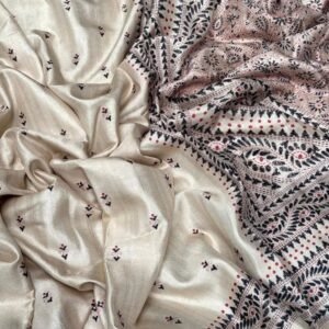 Elegant Tussar Silk Saree in Cream with Ghicha Weaving and Katha Madhubani Prints