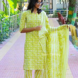 Bright Yellow Jaipur Cotton Floral Kurta with Three-Quarter Sleeves and V-Neck