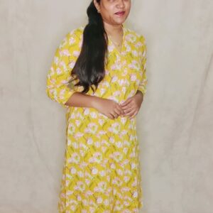 Trendy Yellow Cotton Kurti with Camouflage Print and V-Neck Modern Indian Elegance