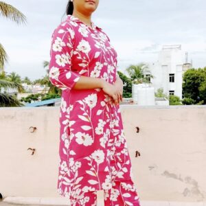 Vibrant Pink Cotton Kurti with Floral Print and V-Collar Neck Elegant Indian Style