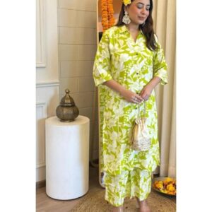 Elegant Light Green Cotton Kurti with Floral Print and V-Collar Neck Chic Indian Style